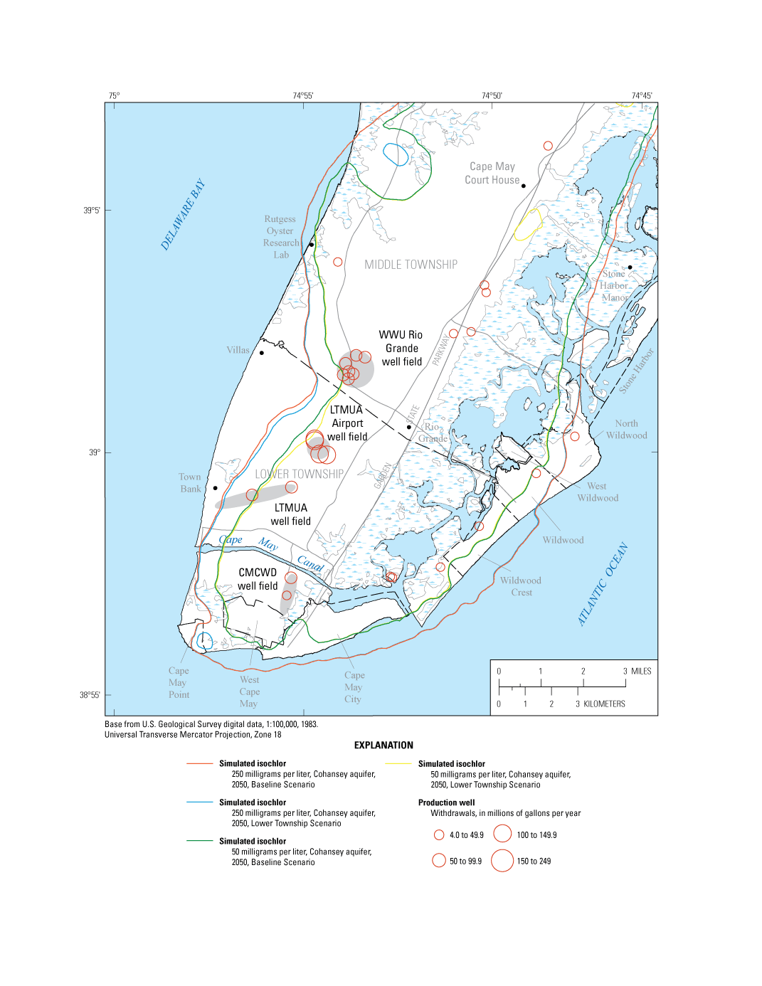 Location of withdrawal wells with proportional circles indicating the magnitude of
                     the withdrawals.  Also shown are the simulated Lower Township scenario 250 and 50
                     mg/L isochlors in the same locations in the Baseline scenario isochlors, except on
                     the western (Delaware Bay) side of Lower Township, where they are as much as 750 feet
                     farther inland (east).