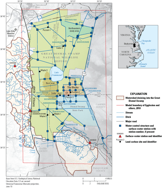 Figure 1.	Location of Block C1, Land Carbon, and Northeast study areas, Dismal Swamp
                     State Park, surface-water stations, the Lake Kilby weather station, and water-control
                     structures, the Great Dismal Swamp, Virginia and North Carolina.