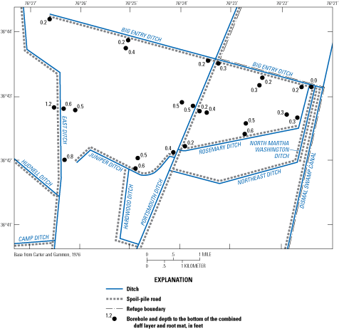 Figure 12.	Boreholes with the depth of the bottom of the combined duff layer and root
                              mat in the northeastern quadrant of the Great Dismal Swamp, Virginia and North Carolina.