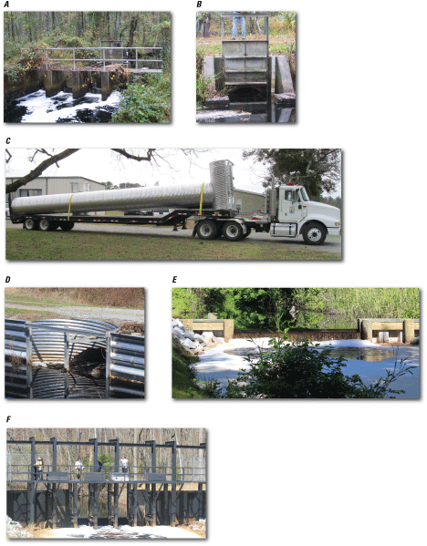 Figure 18.	Photographs showing A, a concrete structure having a slide-gate control,
                           B, close up of a slide-gate control, C, a corrugated culvert and riser before installation,
                           D, a corrugated culvert and riser after installation, E, a sheet-pile structure having
                           an adjustable-height weir, and F, a large adjustable-height weir on South Martha Washington
                           Ditch, the Great Dismal Swamp, Virginia and North Carolina.