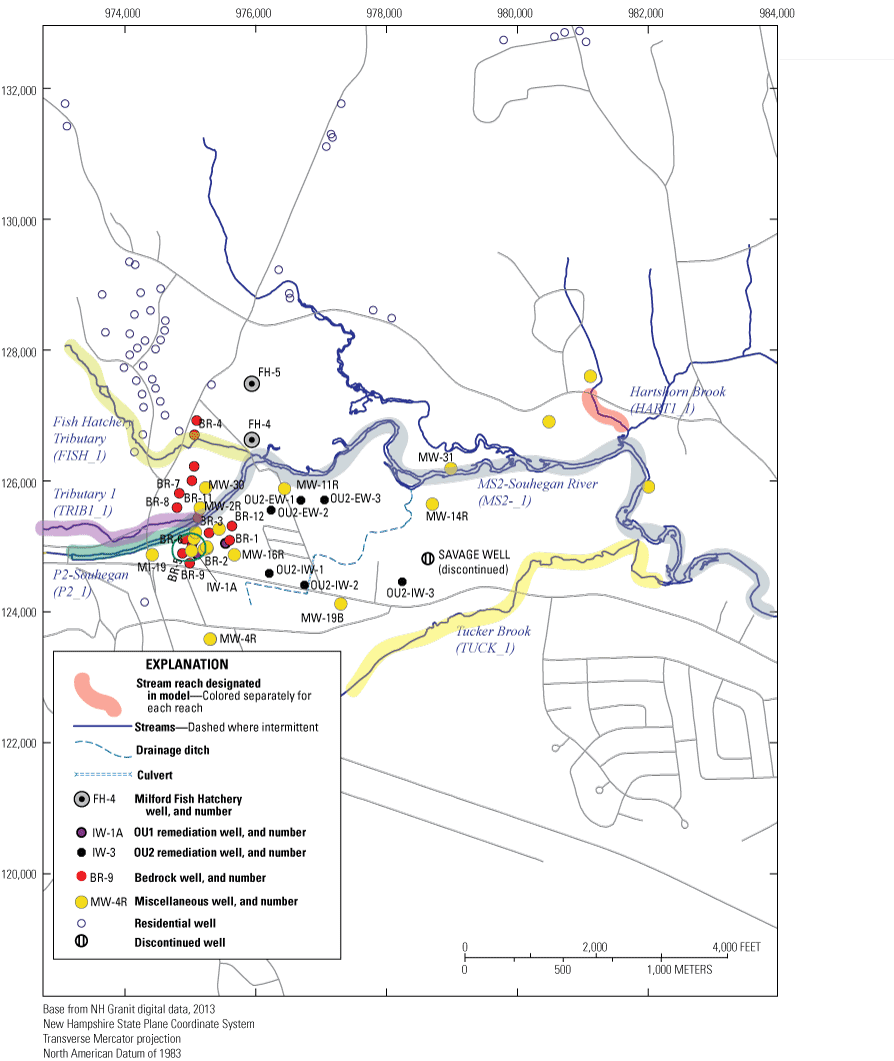 Wells and stream segments in the area-wide model, Savage Municipal Water-Supply Well
               Superfund site, Milford, New Hampshire