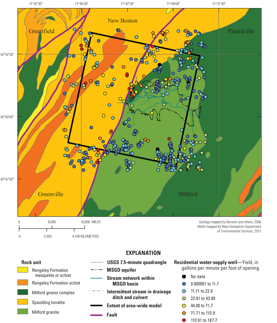 Map of geologic rock types and residential water-supply wells at the Savage Municipal
                     Water-Supply Well Superfund site.