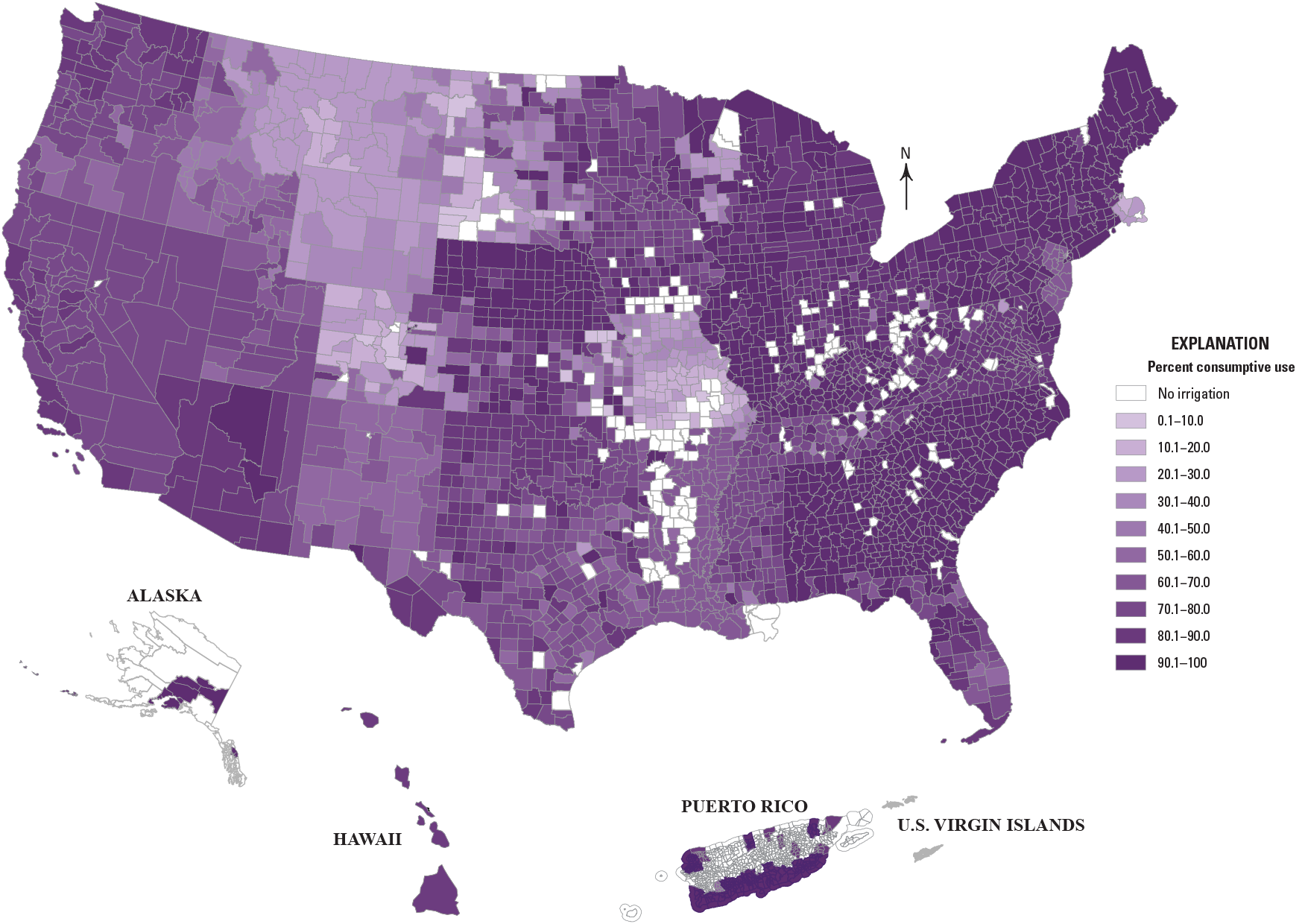 Color-shading that represents percentages of consumption by county or municipality.