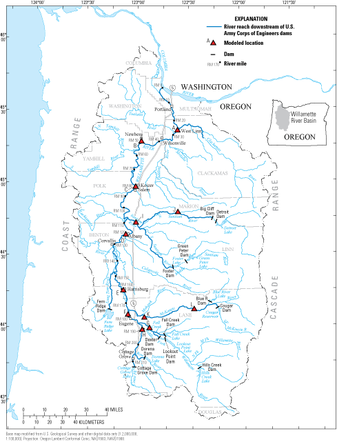 Map showing Willamette River network, locations of major dams, and sites for which
                     temperature regression models were developed, northwestern Oregon