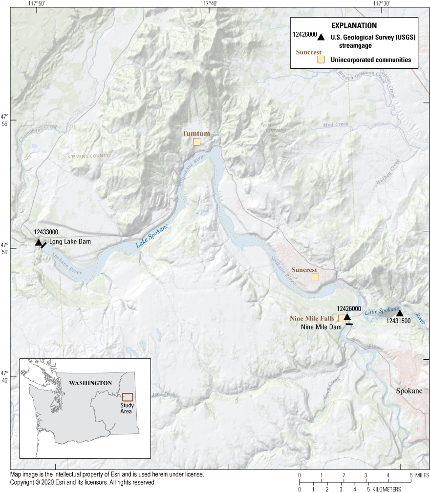 Figure 1.  U.S. Geological Survey streamgages used in this study and nearby unincorporated
                     communities of interest, Lake Spokane, Spokane, Washington.