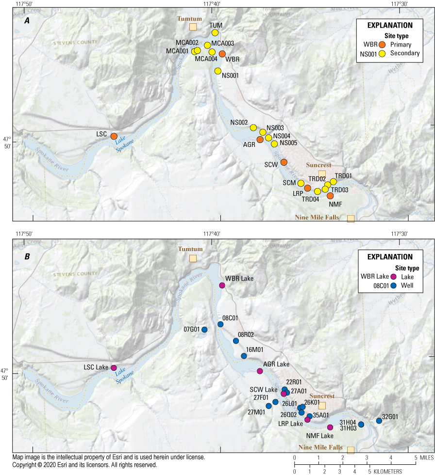 Figure 3.  Study sites sampled for nitrogen, phosphorus, and other select constituents,
                        Lake Spokane, Spokane, Washington. 