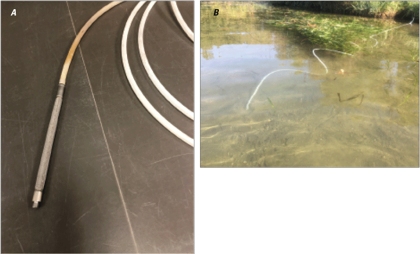 Figure 4.  Photograph showing polypropylene tubing with stainless steel sample tip
                        and final installation of the sample tip in the Lake Spokane lakebed with sample tubing
                        sticking out of the lakebed and towards the shore for pumping.
