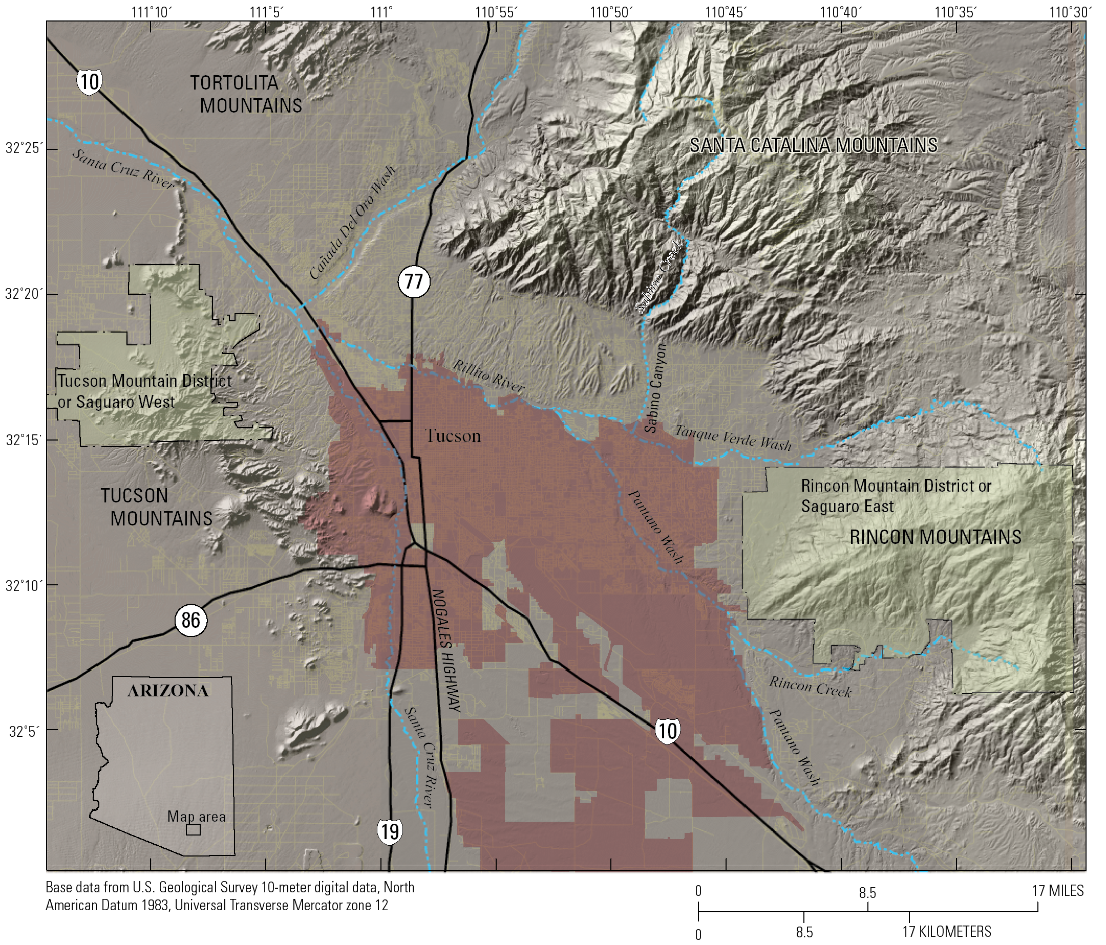 Map of Tucson, Arizona, surrounding mountain ranges, major surface-water drainages,
                     and the two districts of Saguaro National Park.