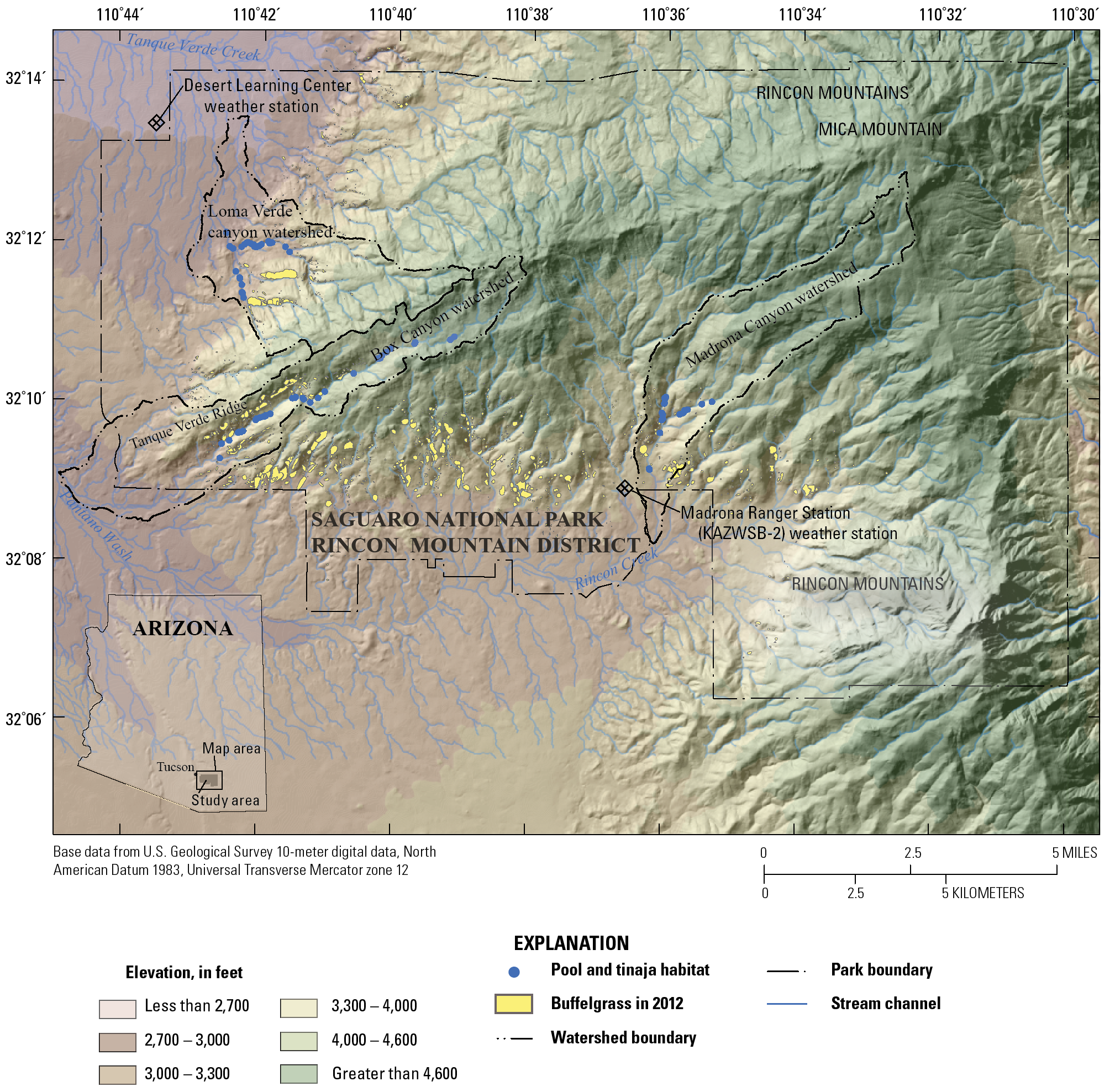 Map of Saguaro National Park-Rincon Mountain District with symbols for elevation,
                        watershed boundaries, and pool and tinaja habitat