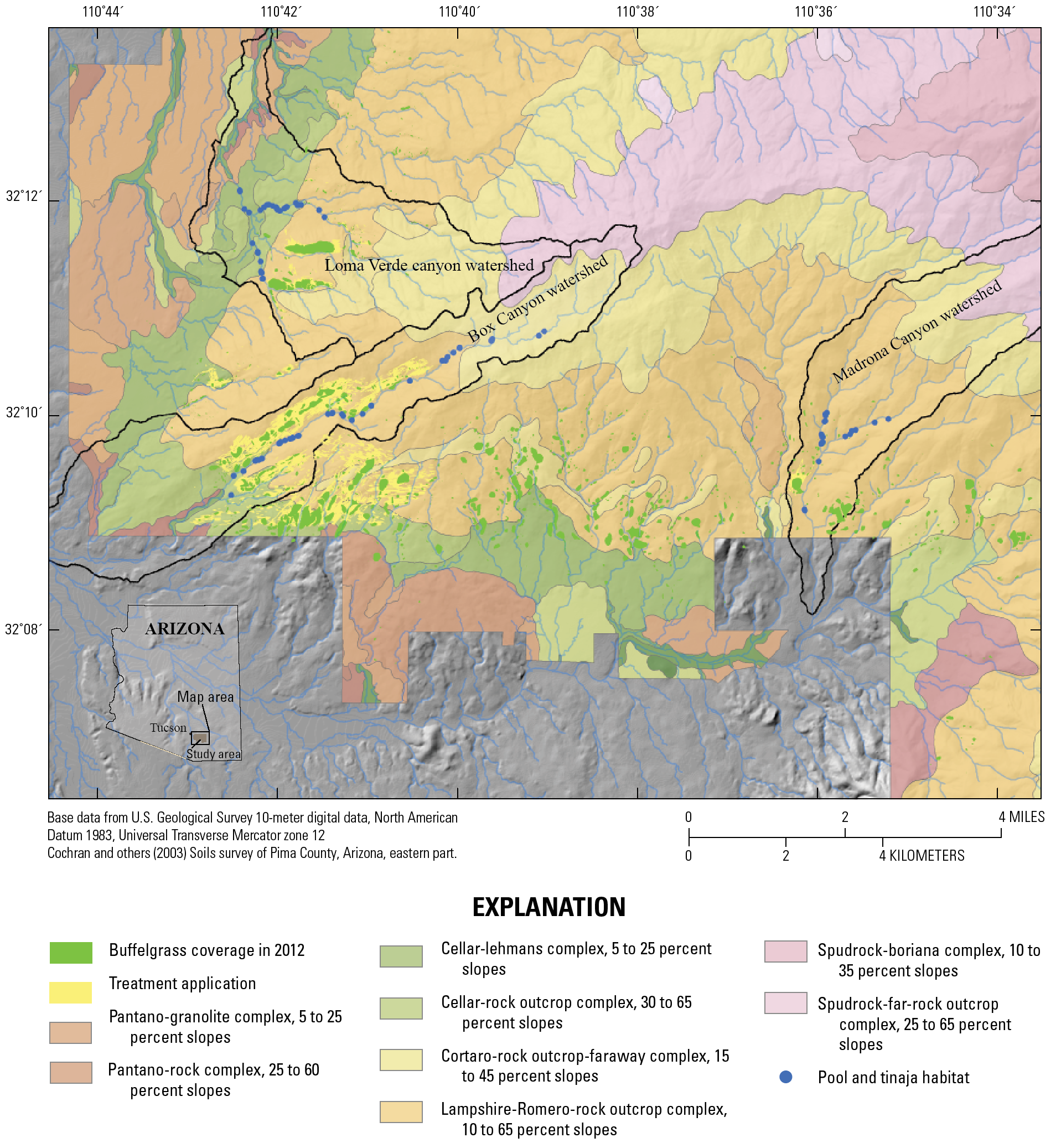 Map of Saguaro National Park-Rincon Mountain District with Pima County soil classifications,
                        treatment application, buffelgrass coverage from 2012