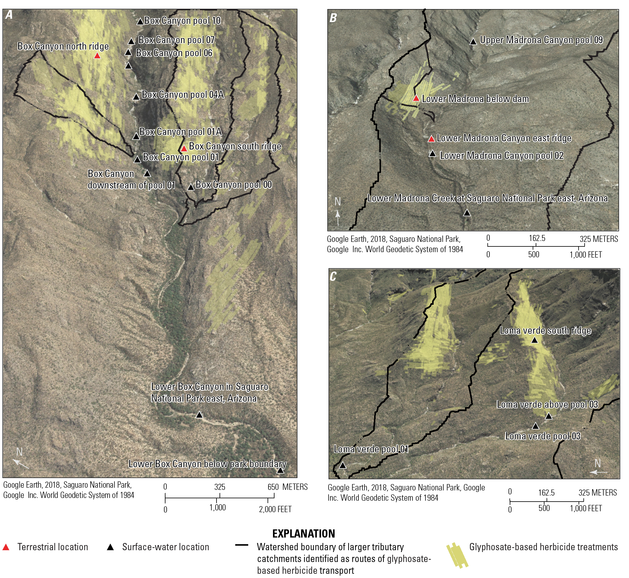 Terrain imagery map with pool and terrestrial sampling locations and location of automatic
                        sampler installations