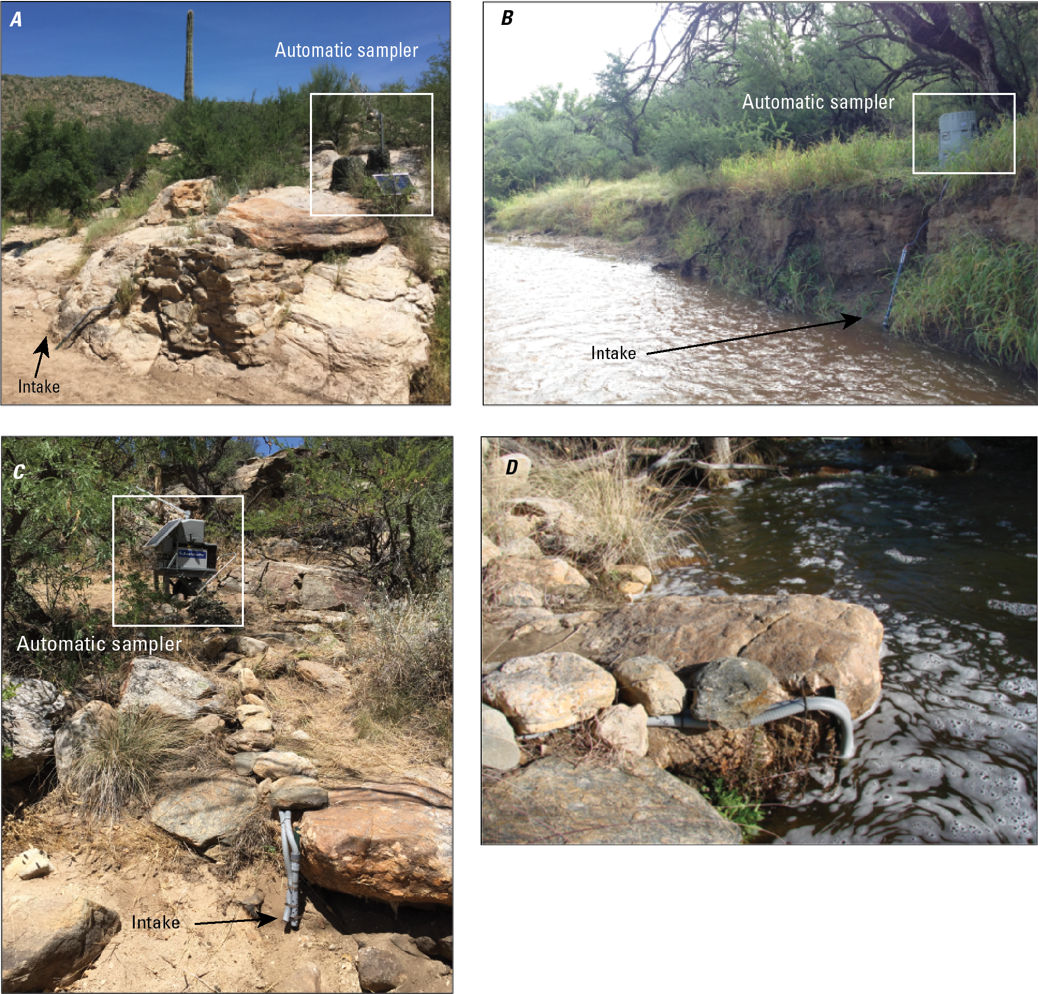 Photographs of automatic sampler installations in Box Canyon and Madrona Canyon watersheds
                        during dry and flood conditions.