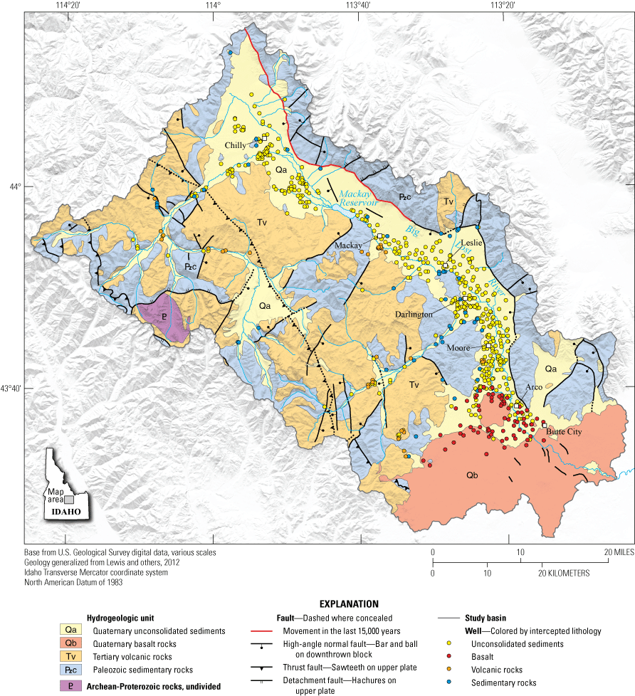 Figure 3. Map showing hydrogeologic units, regional faults, and lithology intercepts
                        for wells in the Big Lost River Basin, south-central Idaho.