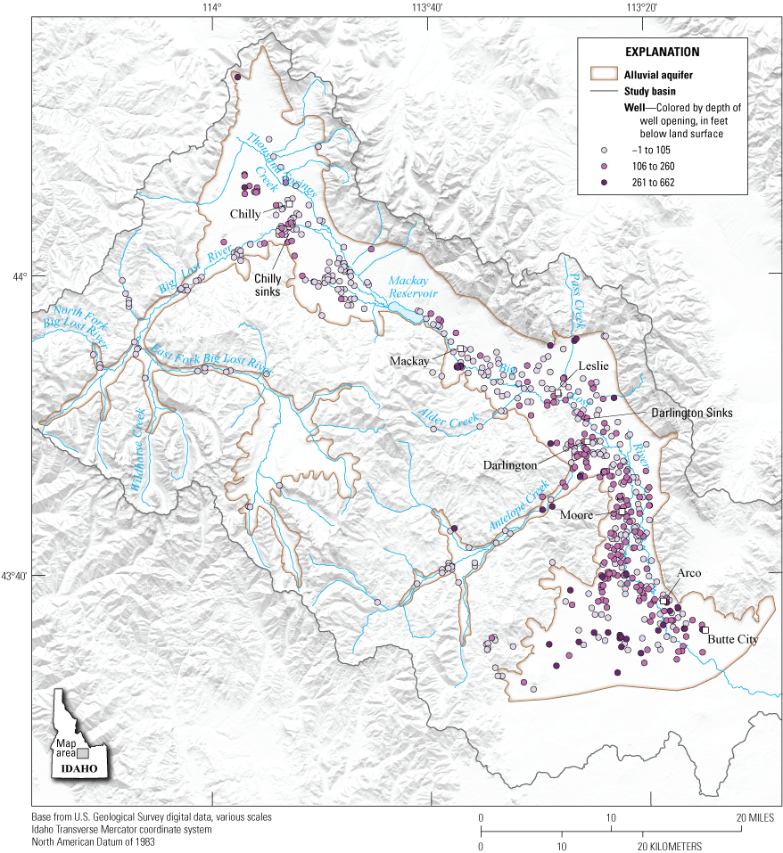 Figure 13. Map showing depth to top of well opening for wells in the hydrogeologic
                           framework well database, Big Lost River Basin, south-central Idaho.