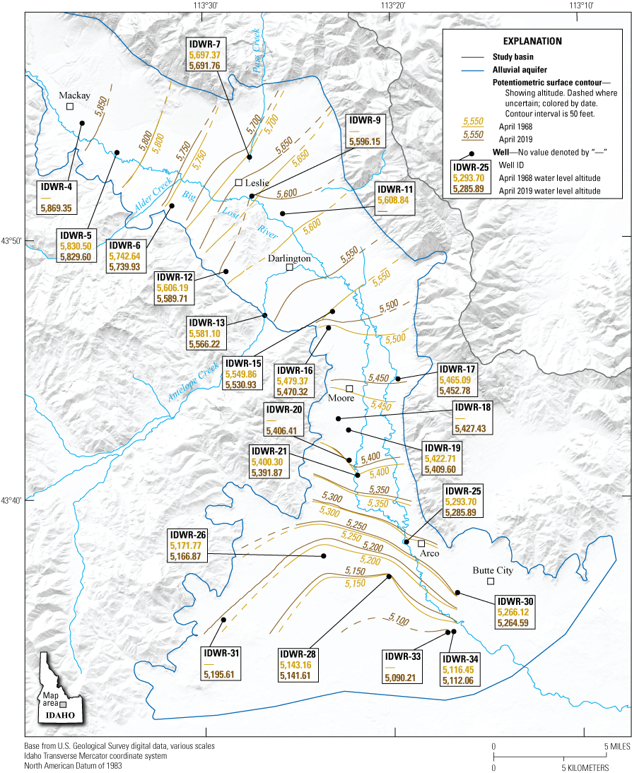 Figure 14. Map showing groundwater potentiometric surface altitude, Big Lost River
                           Valley, south-central Idaho, April 1968 and April 2019