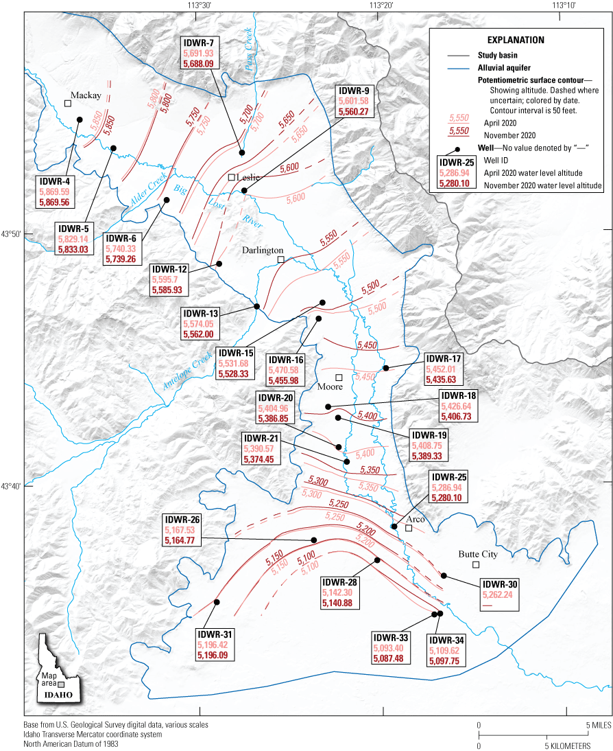 Figure 17. Map showing groundwater potentiometric surface altitude, Big Lost River
                           Valley, south-central Idaho, April and November 2020.
