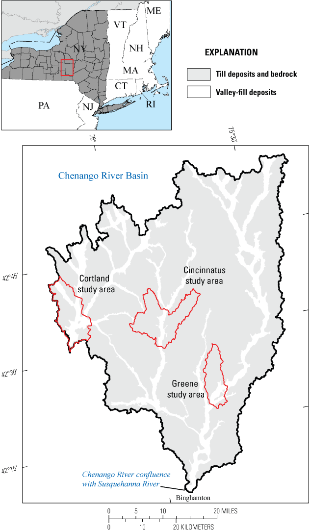 Cortland, Greene, and Cincinnatus study areas in the Chenango River Basin, New York