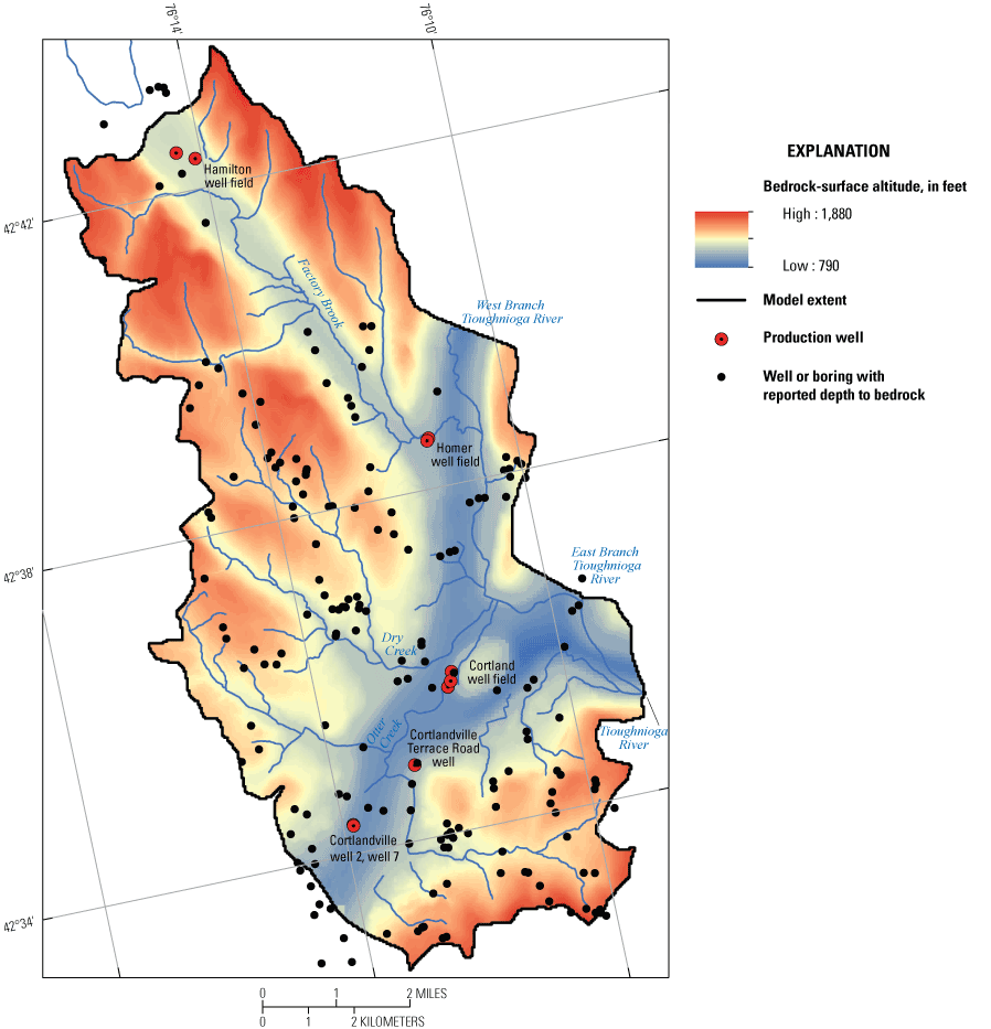 Altitude of the bedrock surface, Cortland study area