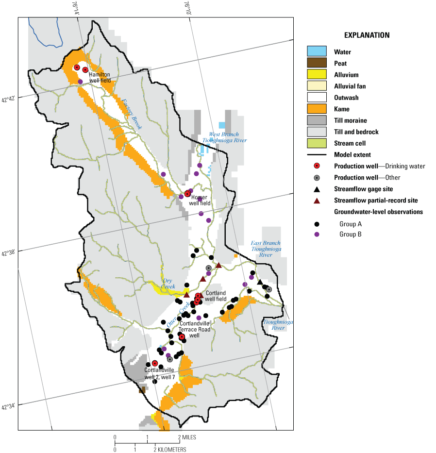 Observation wells and streamflow partial-record sites used in model calibration, Cortland
                              study area