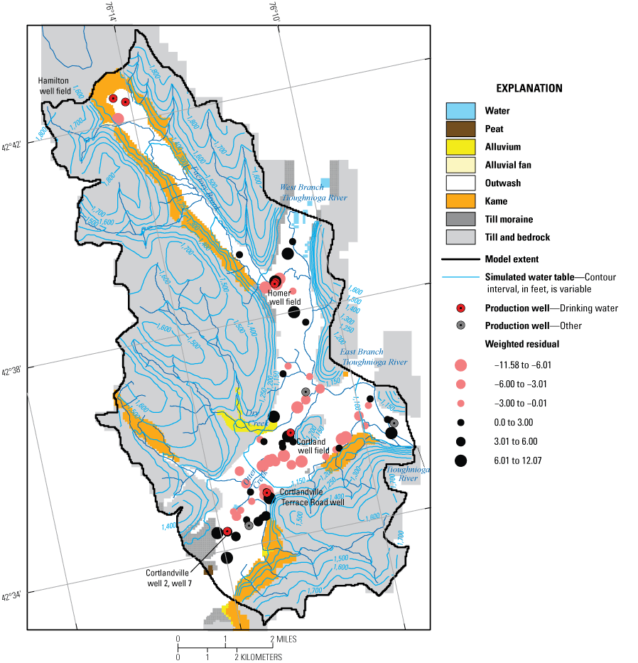 Simulated water-table contours and spatial distribution of groundwater-level residuals,
                              Cortland study area