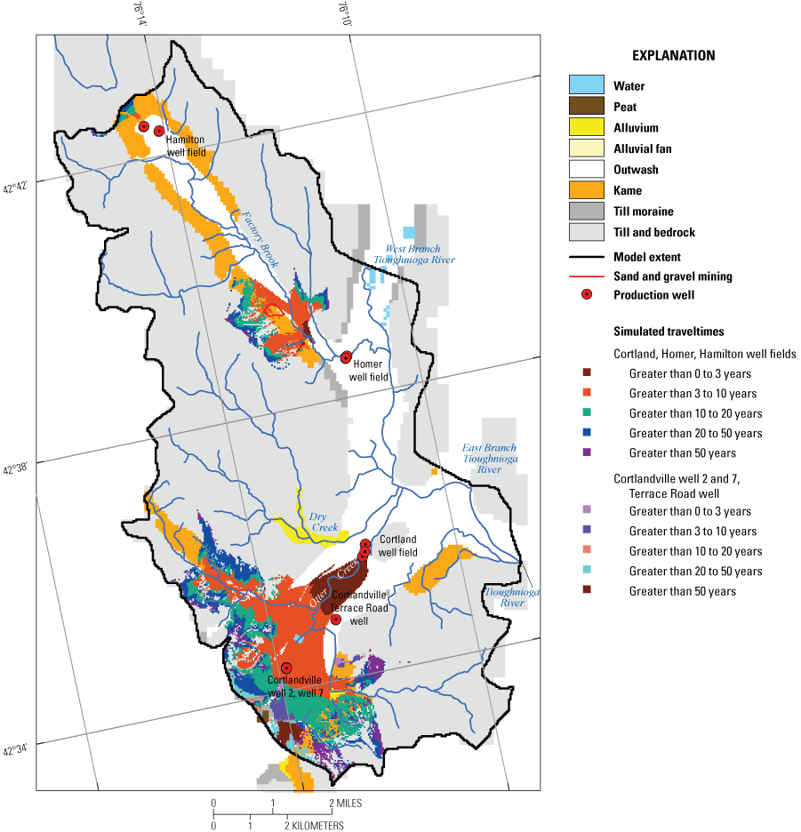 Groundwater traveltimes from source areas to the production wells, Cortland study
                              area