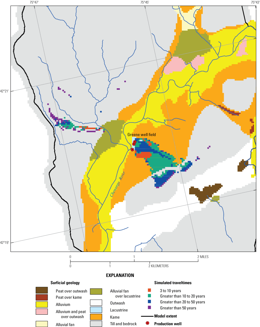 Groundwater traveltimes from source areas to the production wells, Greene study area