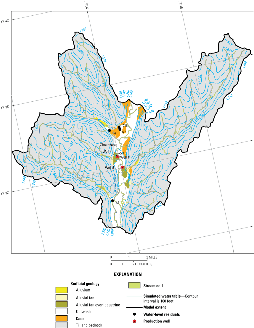 Simulated water-table contours and spatial distribution of groundwater-level residuals,
                           Cincinnatus study area
