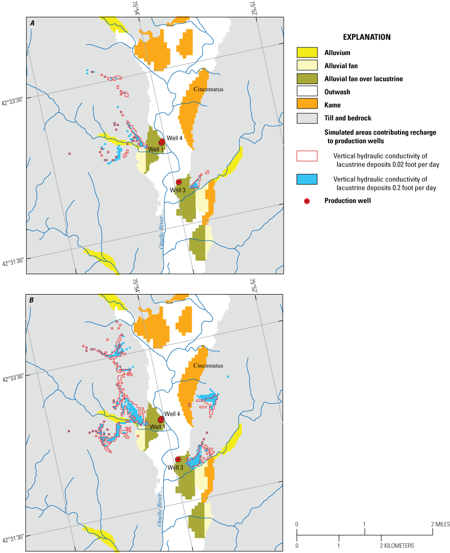Sensitivity of the contributing areas to the production wells for different aquifer
                           vertical hydraulic conductivities, Cincinnatus study area