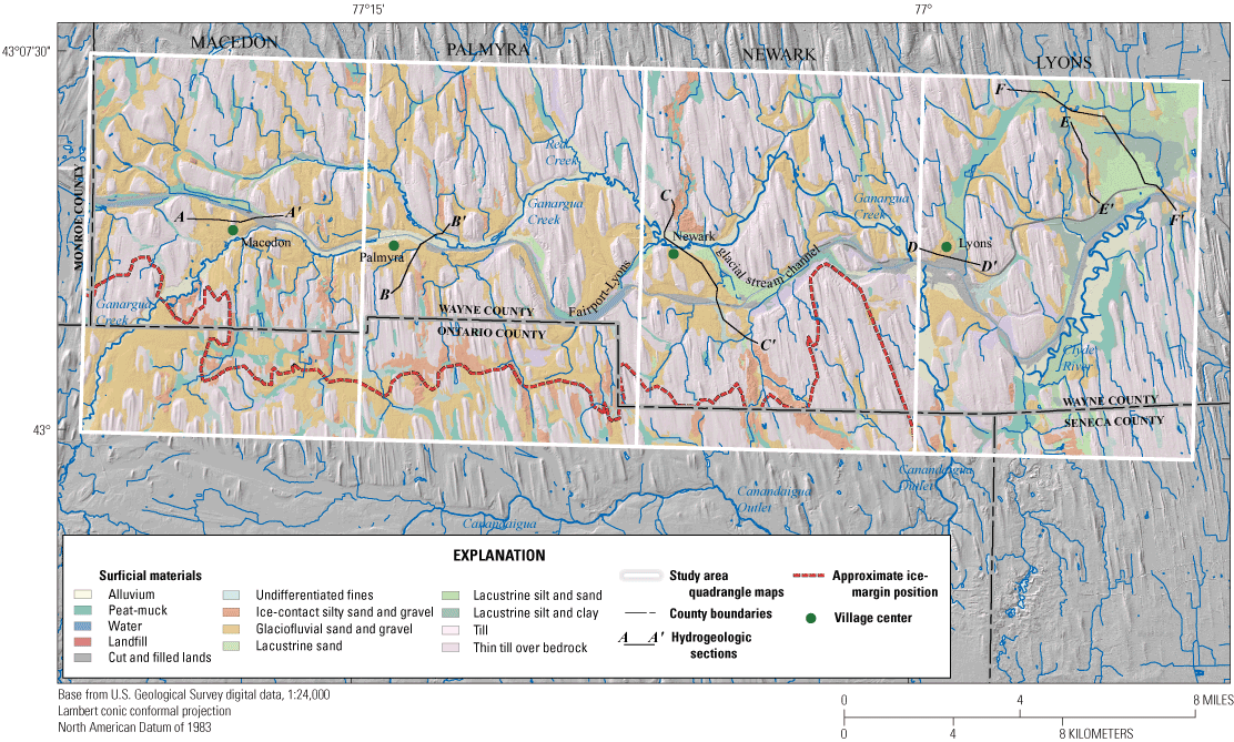13 surficial materials; 6 hydrologic sections; ice margin in southern parts of Macedon,
                     Palmyra, and Newark quadrangles