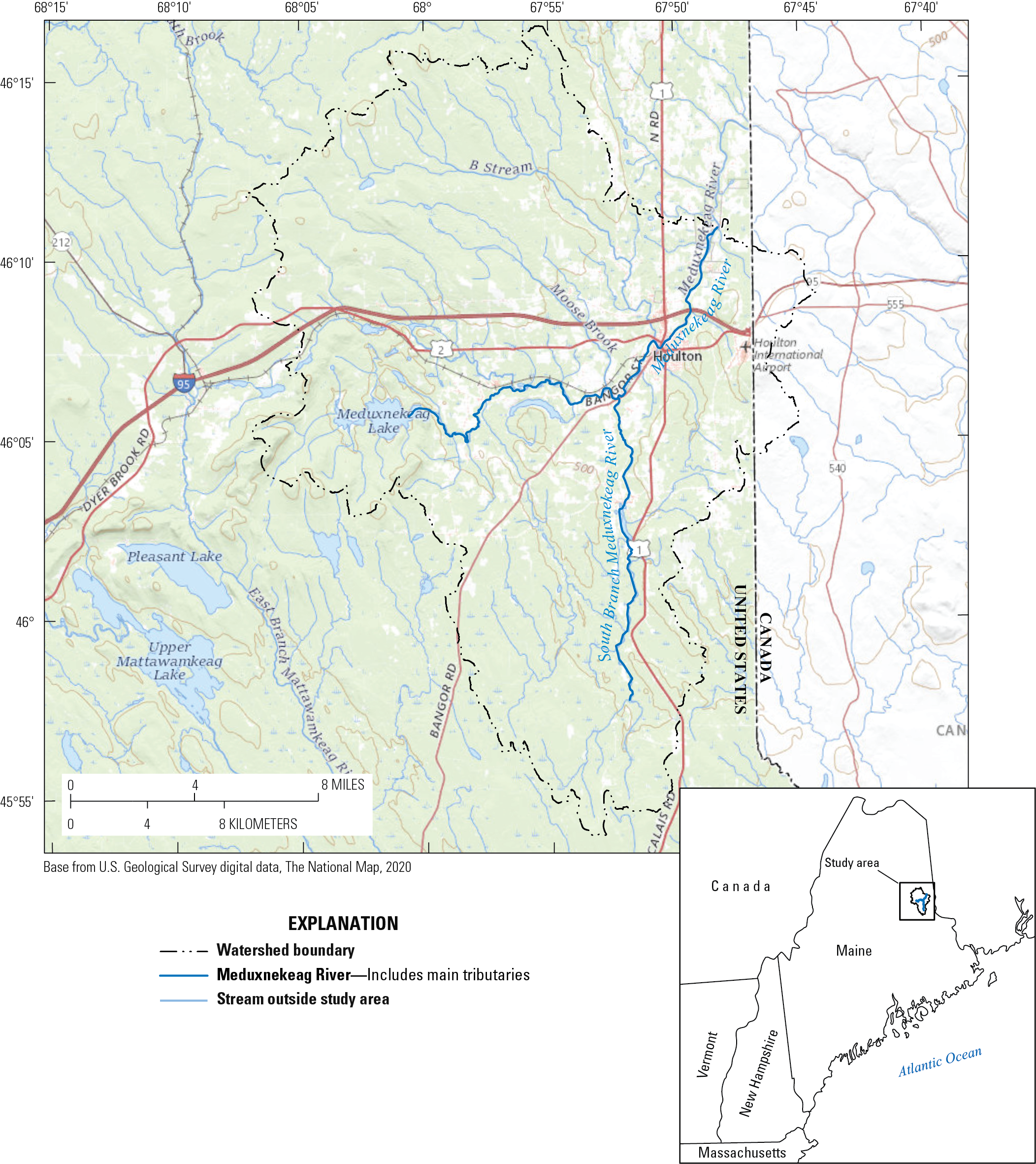 Outline of the Meduxnekeag River watershed in Maine.