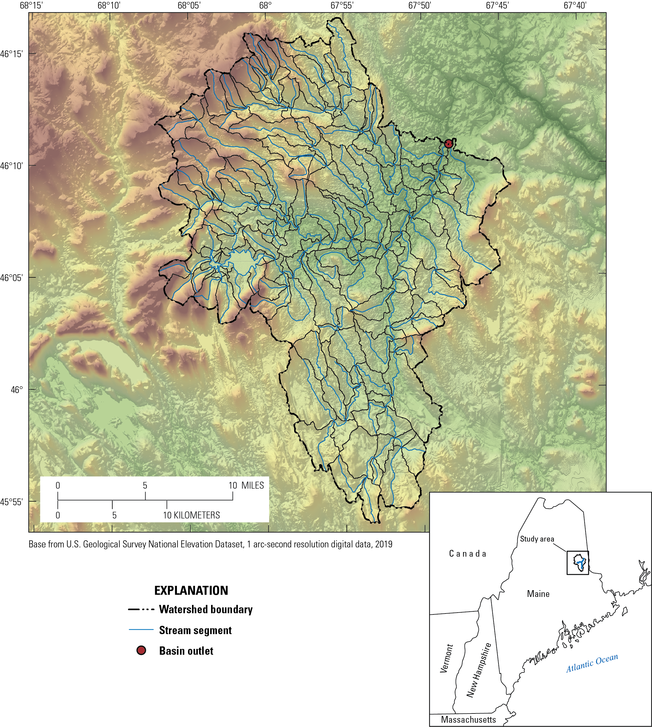 Outlines for the hydrologic response units and streams in the Meduxnekeag River watershed,
                        Maine.