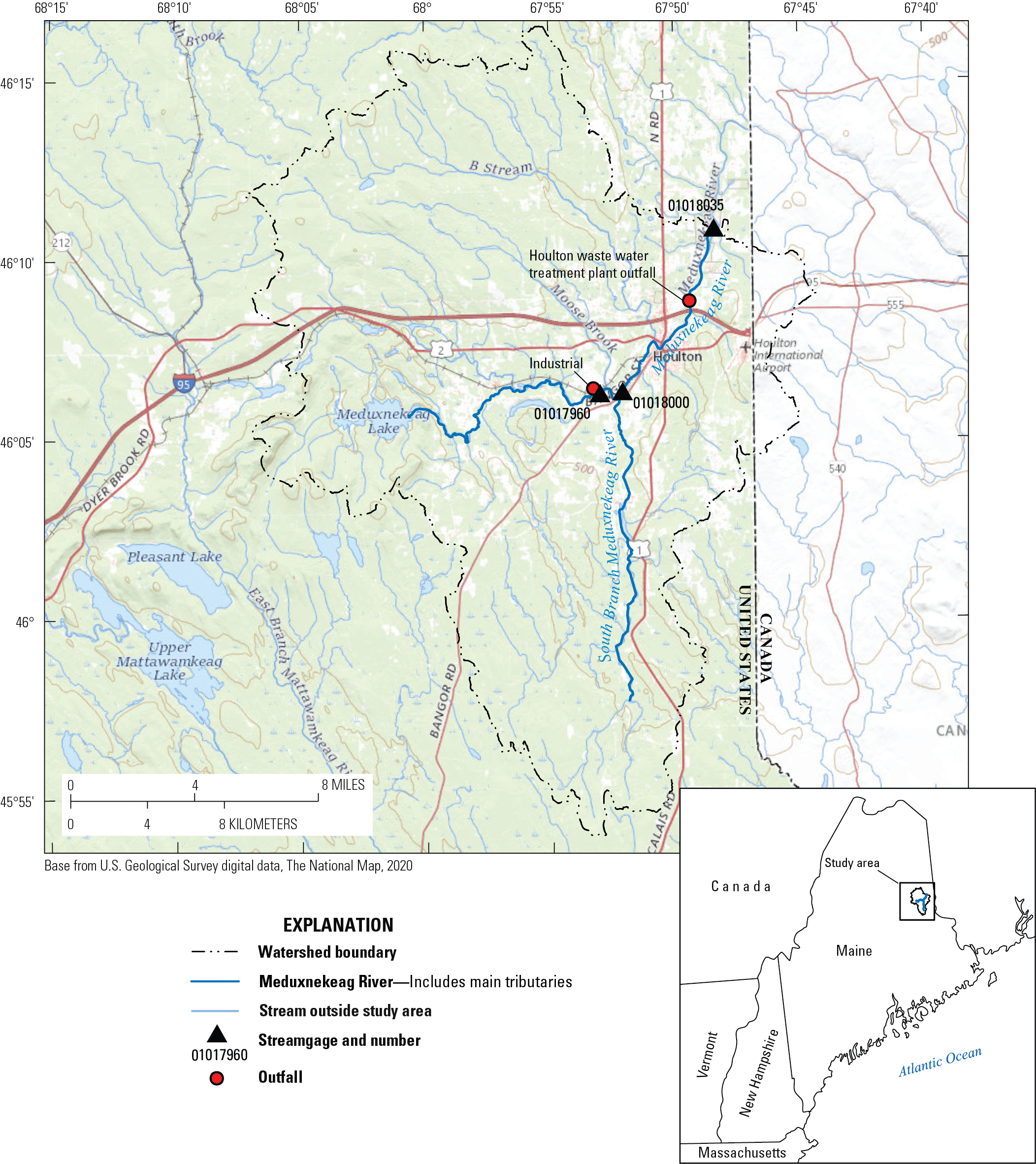Triangles show streamgages, and dots show outfalls in the Meduxnekeag River watershed,
                           Maine.