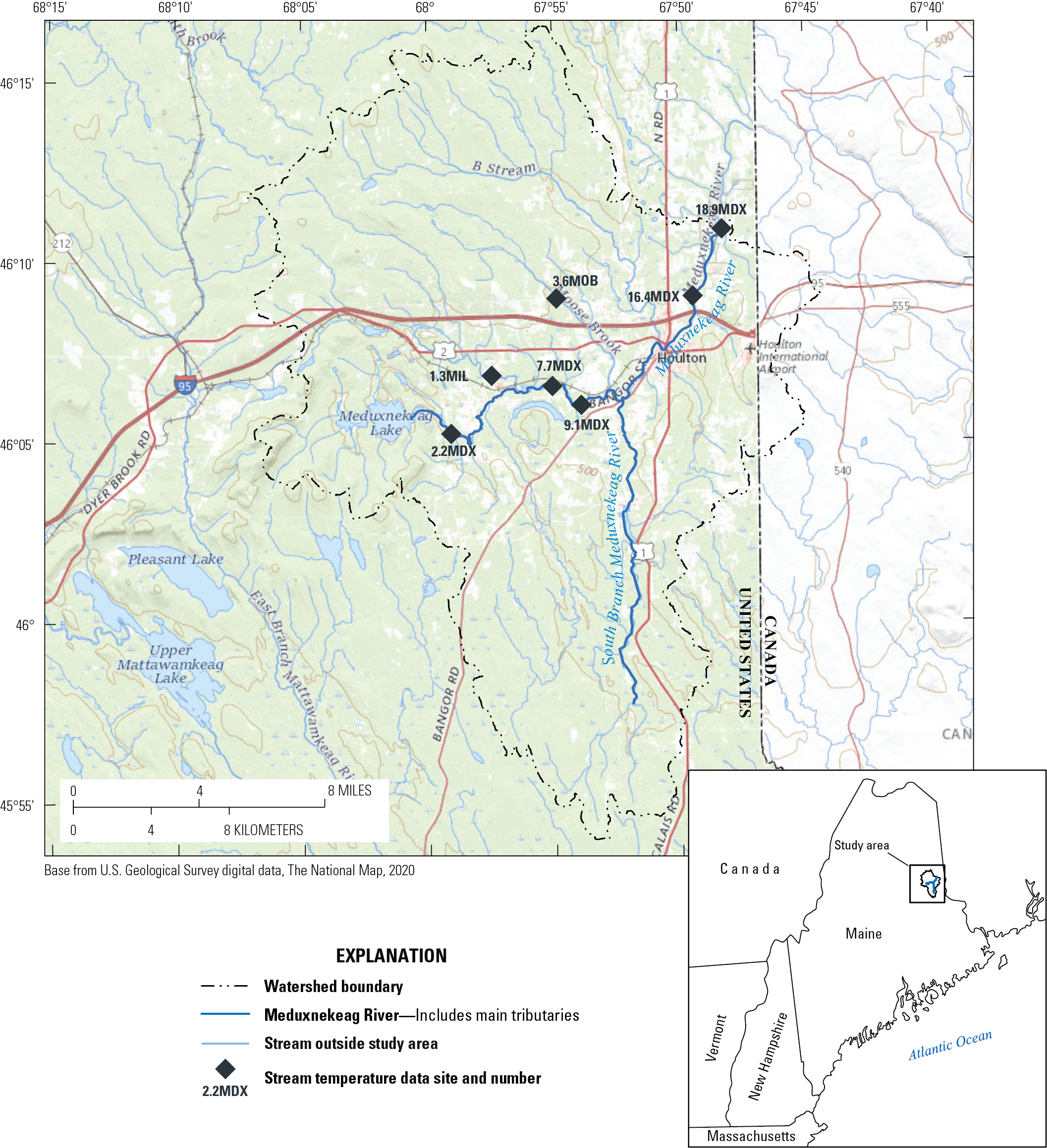 Diamonds show stream temperature data collection sites in the Meduxnekeag River watershed,
                           Maine.