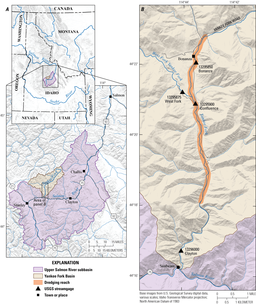 Maps showing locations of the U.S. Geological Survey streamgage sampling sites in
                     the Yankee Fork of the Salmon River near Stanley, Idaho.