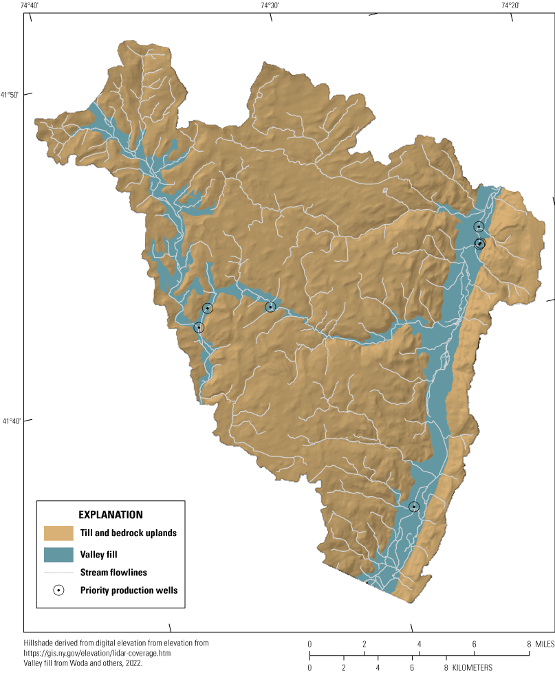 Extent of valley-fill aquifers and till-covered bedrock uplands with priority well
                        locations.
