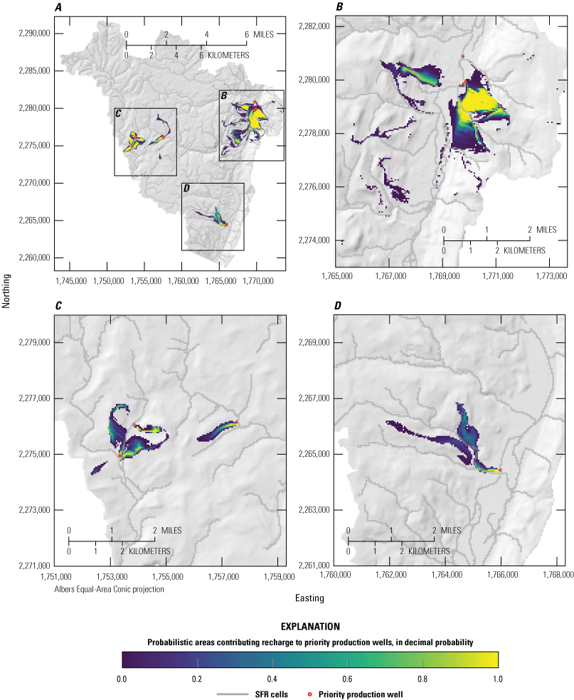 Probabilistic areas contributing recharge to priority wells under the “Baseratio”
                           pumping scenario. Panels show, A, full study area results, B, detail view of priority wells near Ellenville, C, detail view of priority wells near Woodridge and Mountain Dale, and, D, detail view of priority well near Wurtsboro. Colormap is scaled to the probability
                           that a location contributes recharge to priority wells (red circles). A location with
                           a value of 1.0 is within the area contributing recharge to a priority well in 100 percent
                           of simulations. A location with a value of 0.5 is within the area contributing recharge
                           to a priority well in 50 percent of simulations. A location outside of the color flood
                           is within the area contributing recharge to a priority well in 0 percent of simulations.