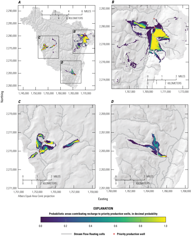 Probabilistic areas contributing recharge to priority wells under the “0.25ratio”
                           pumping scenario. Panels show, A, full study area results, B, detail view of priority wells near Ellenville, C, detail view of priority wells near Woodridge and Mountain Dale, and, D, detail view of priority well near Wurtsboro. Colormap is scaled to the probability
                           that a location contributes recharge to priority wells (red circles). A location with
                           a value of 1.0 is within the area contributing recharge to a priority well in 100 percent
                           of simulations. A location with a value of 0.5 is within the area contributing recharge
                           to a priority well in 50 percent of simulations. A location outside of the color flood
                           is within the area contributing recharge to a priority well in 0 percent of simulations.