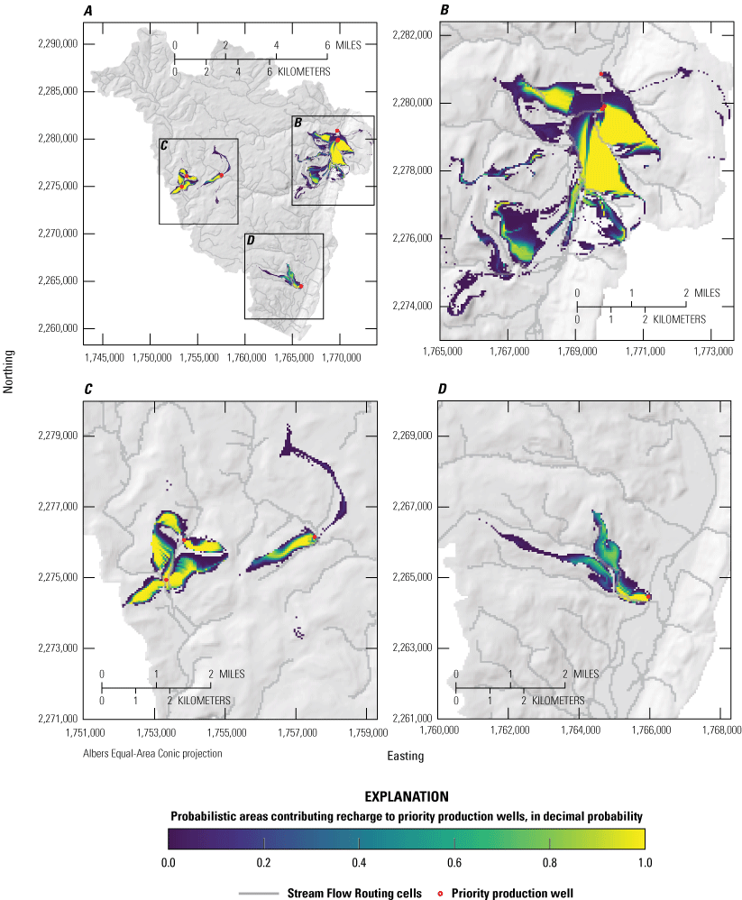Probabilistic areas contributing recharge to priority wells under the “Maxrange” pumping
                           scenario. Panels show A, full study area results, B, detail view of priority wells near Ellenville, C, detail view of priority wells near Woodridge and Mountain Dale, and, D, detail view of priority well near Wurtsboro. Colormap is scaled to the probability
                           that a location contributes recharge to priority wells (red circles). A location with
                           a value of 1.0 is within the area contributing recharge to a priority well in 100 percent
                           of simulations. A location with a value of 0.5 is within the area contributing recharge
                           to a priority well in 50 percent of simulations. A location outside of the color flood
                           is within the area contributing recharge to a priority well in 0 percent of simulations