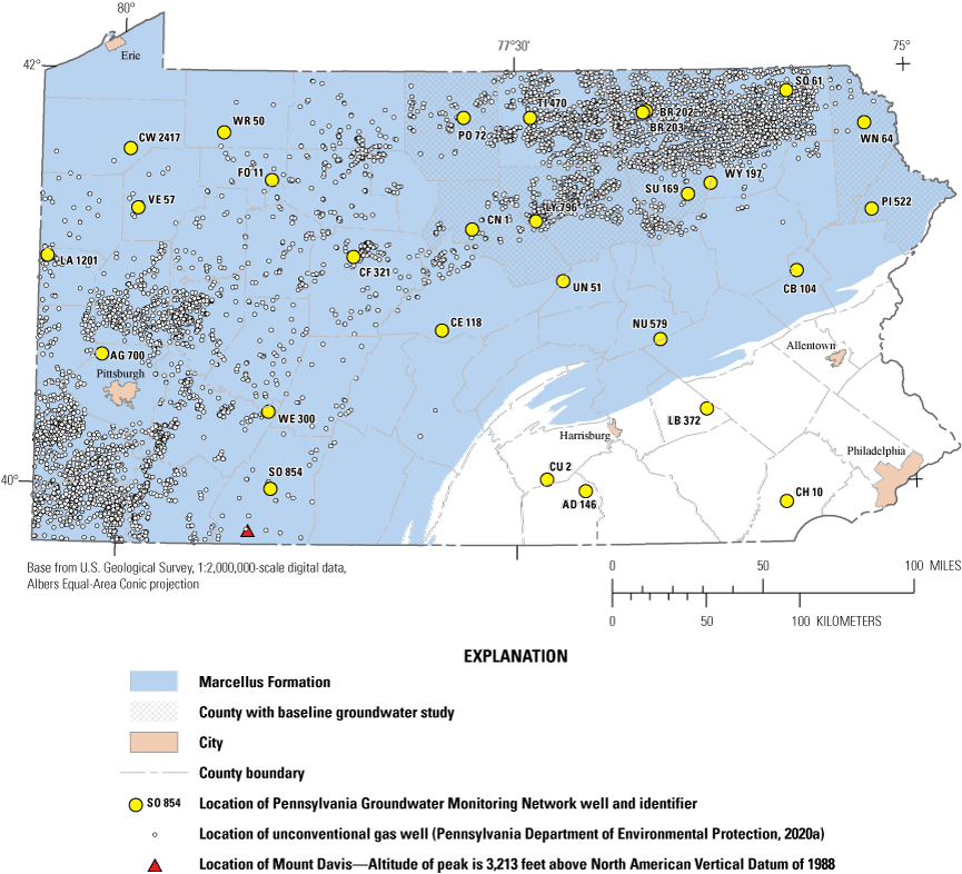 Locations of the 28 sampled wells in Pennsylvania, which predominately overlap with
                        areas of unconventional gas wells in the Marcellus Shale.