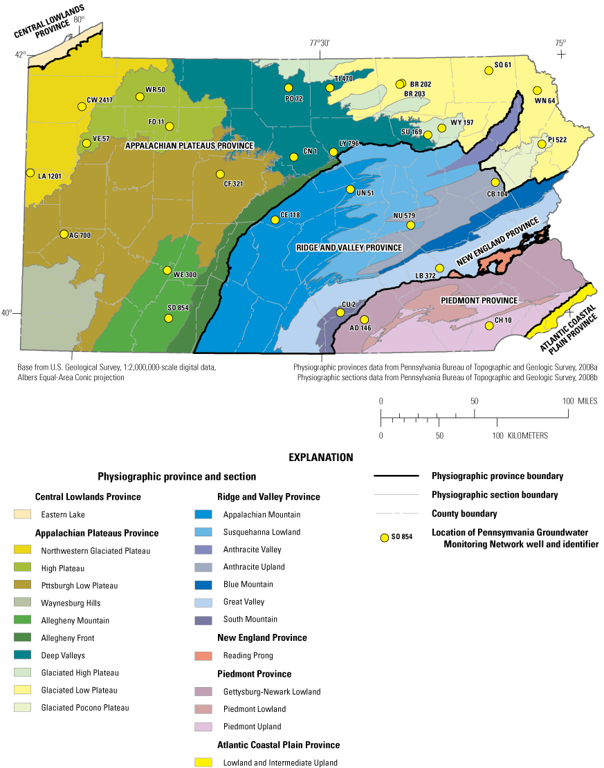 Locations of the 28 wells, which are predominantly located in the Appalachian Plateaus
                        province.
