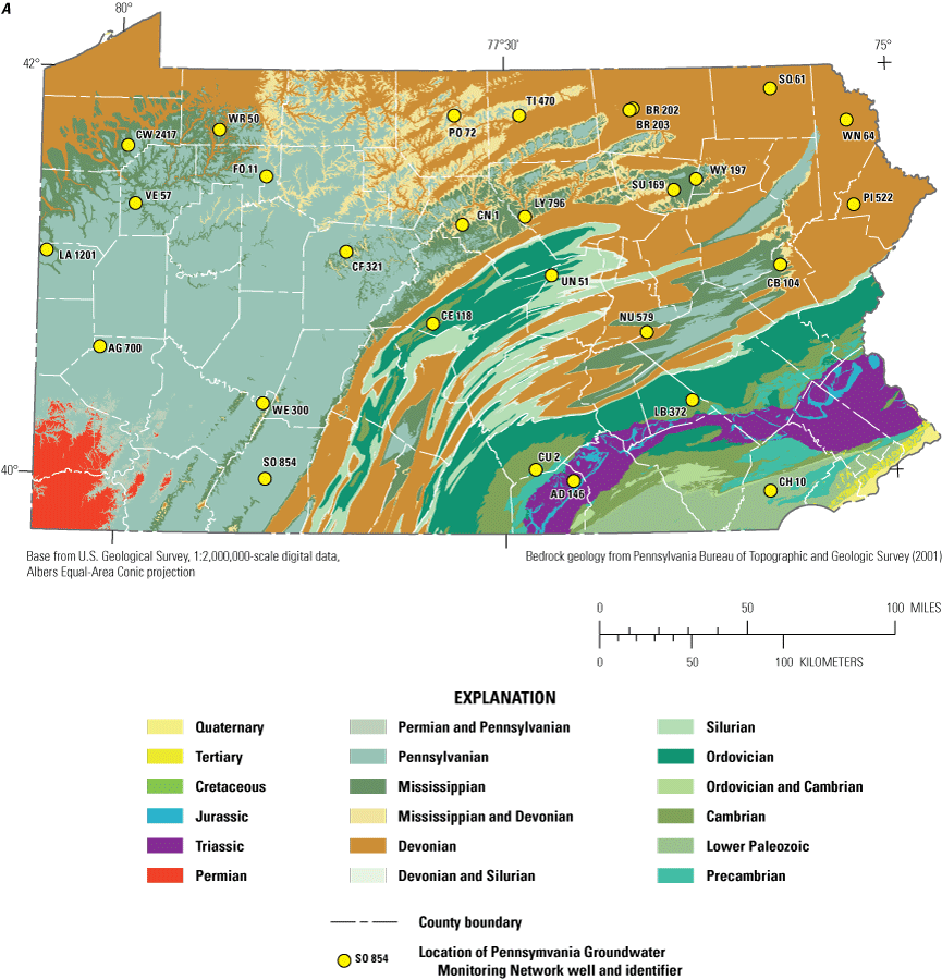 Locations of the 28 wells, which are predominantly located in siliciclastic rock aquifers
                        of Ordovician to Pennsylvanian age.