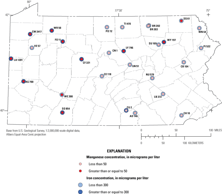 Distribution of iron and manganese concentrations from fall 2019 sampling season;
                        samples that exceed SMCLs are predominantly collected in areas in the northern and
                        western parts of State.