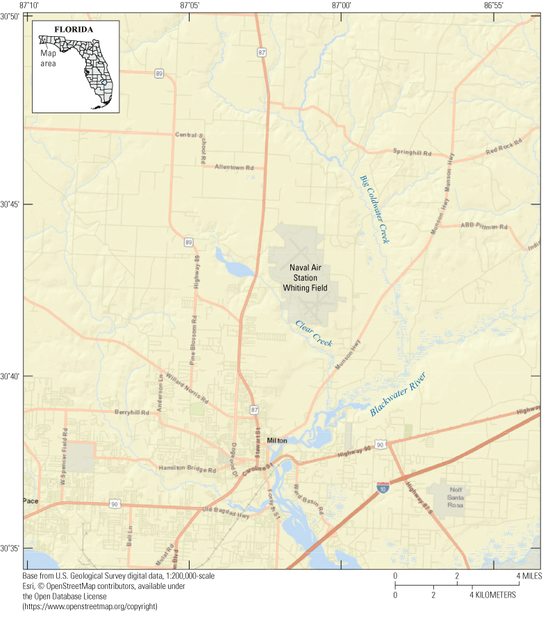 Naval Air Station Whiting Field and Big Coldwater Creek (northeast), Clear Creek (south),
                     and Blackwater River (southeast).