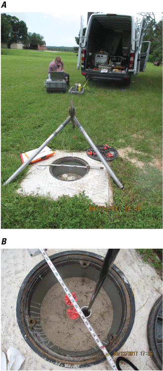Borehole logging equipment required (A) a truck and tripod and (B) placing the logging
                           tool into a 2-inch diameter deep well.