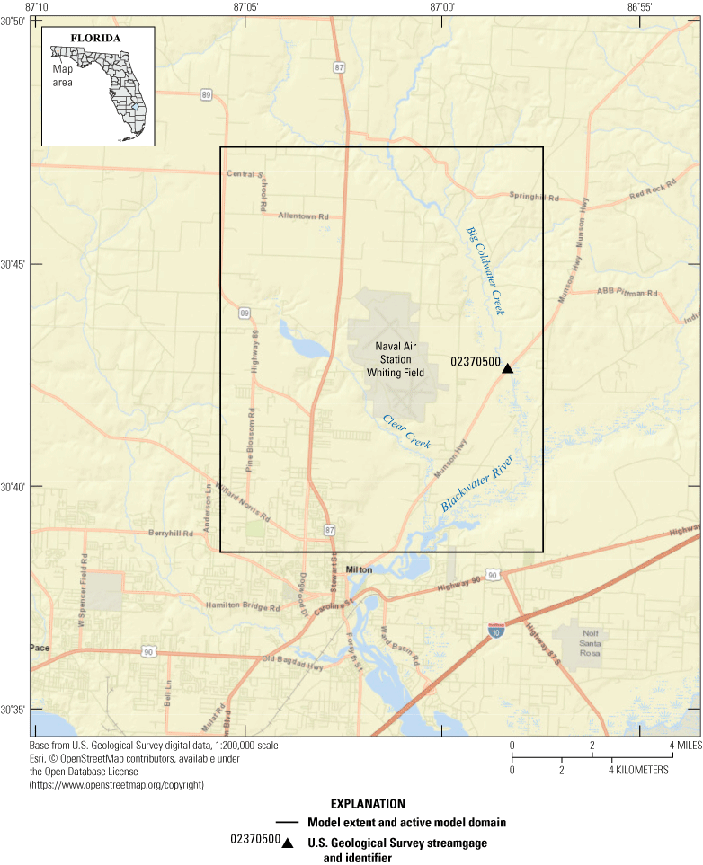 Naval Air Station Whiting Field, boundaries of numerical flow model, and location
                           of USGS streamgage 02370500.