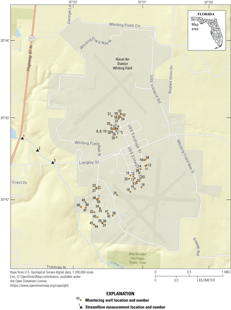 Naval Air Station Whiting Field with locations of monitoring wells and streamflow
                           measurements.