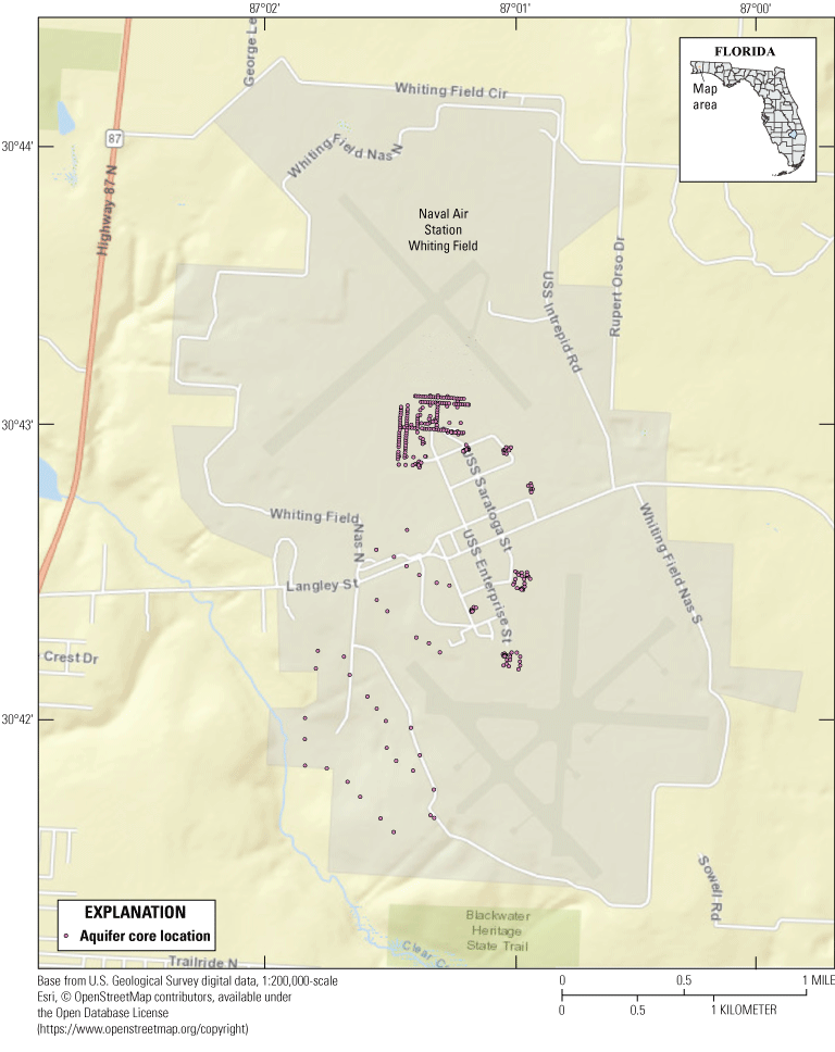 Naval Air Station Whiting Field with locations of aquifer core collection.