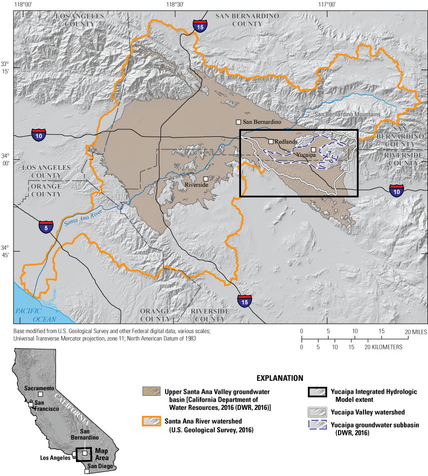 1. Map with hillshade, interstate highways, and county boundaries. The Vpper Santa
                     Ana Valley groundwater basin, Santa Ana River surface-water basin, Yucaipa Valley
                     watershed, Yucaipa subbasin, and the extent of the Yucaipa Integrated Hydrologic Model
                     are all delineated.