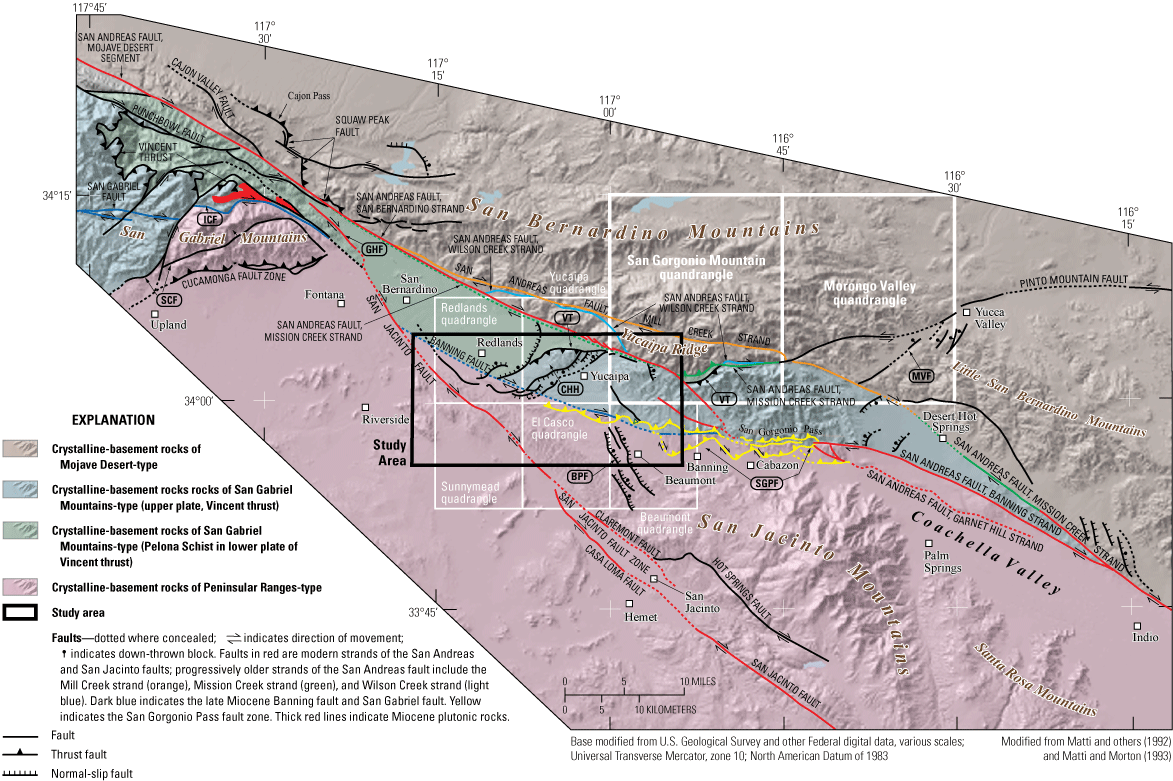 2. Map showing the study area with respect to a large part of southern California.
                        The map shows four major geologic basement types in different colors, major faults
                        in red color, and lesser faults in black color.