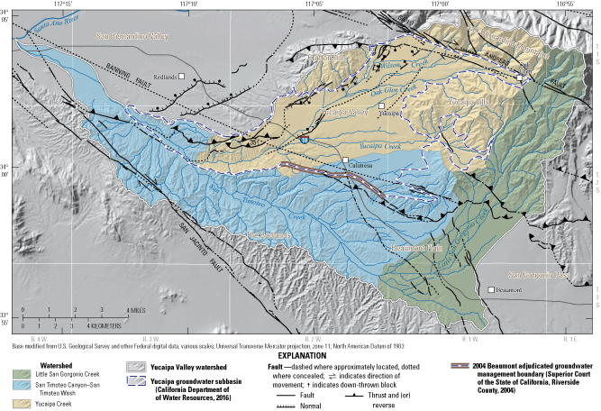3. Map of Yucaipa Valley watershed and surrounding area with streams and faults delineated.
                        The Yucaipa subbasin, watersheds, and selected anthropogenic recharge locations are
                        shown.
